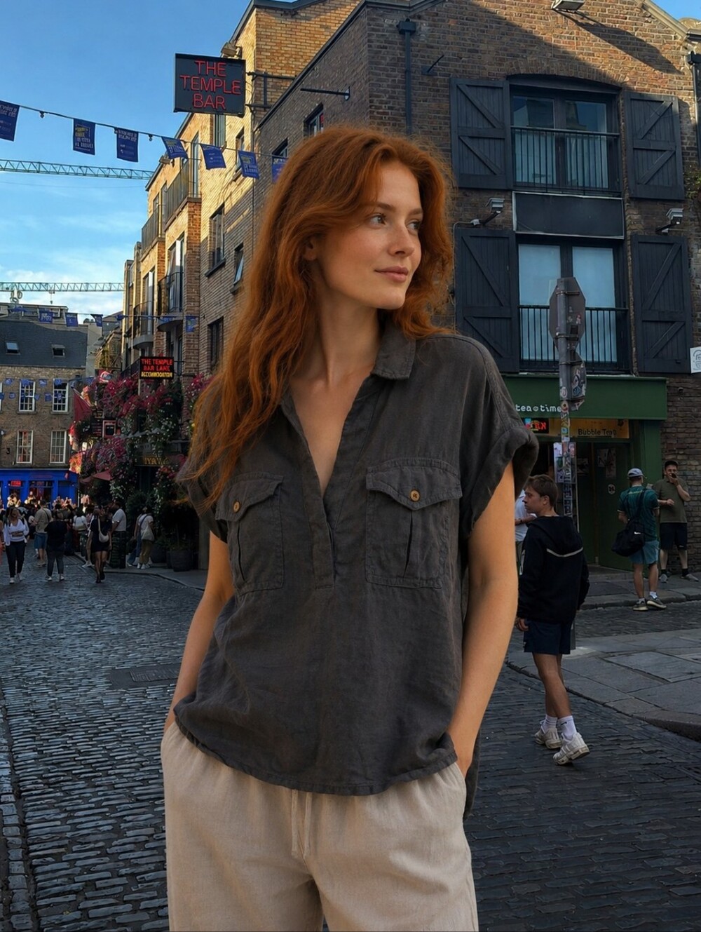 Nicole Miller 100% Linen Button Down Shirt Charcoal Gray Size Large Short Sleeve